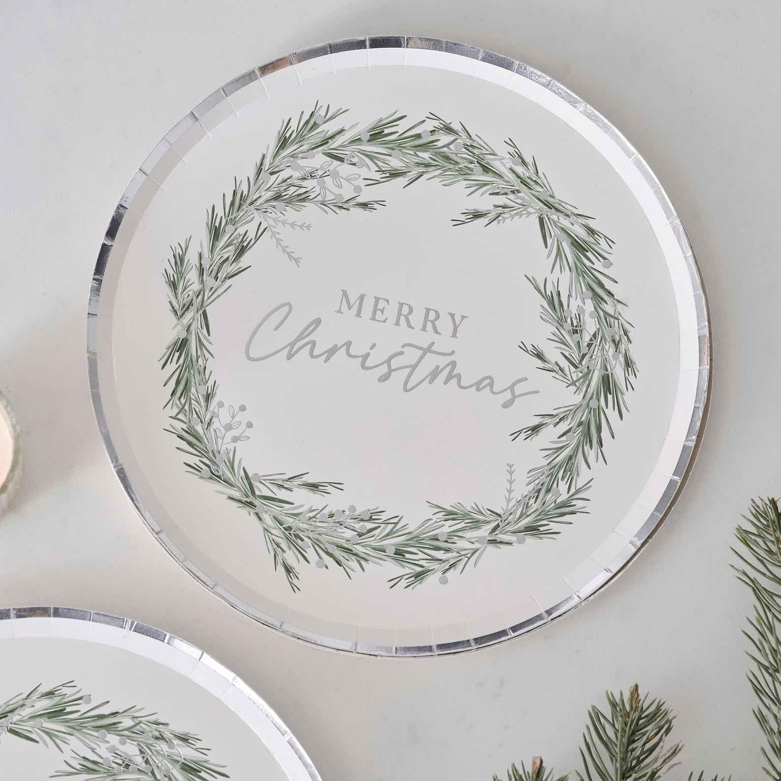 Merry Christmas Silver Wreath Plates